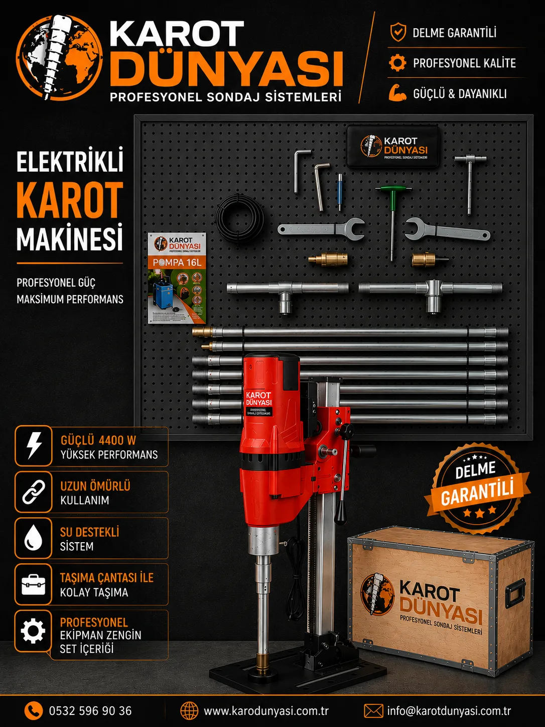 Karot Dünyası 4000 W Prof. Elektrikli Sehpalı Karot Makinesi 5 Mt. Set - Karot Dünyası