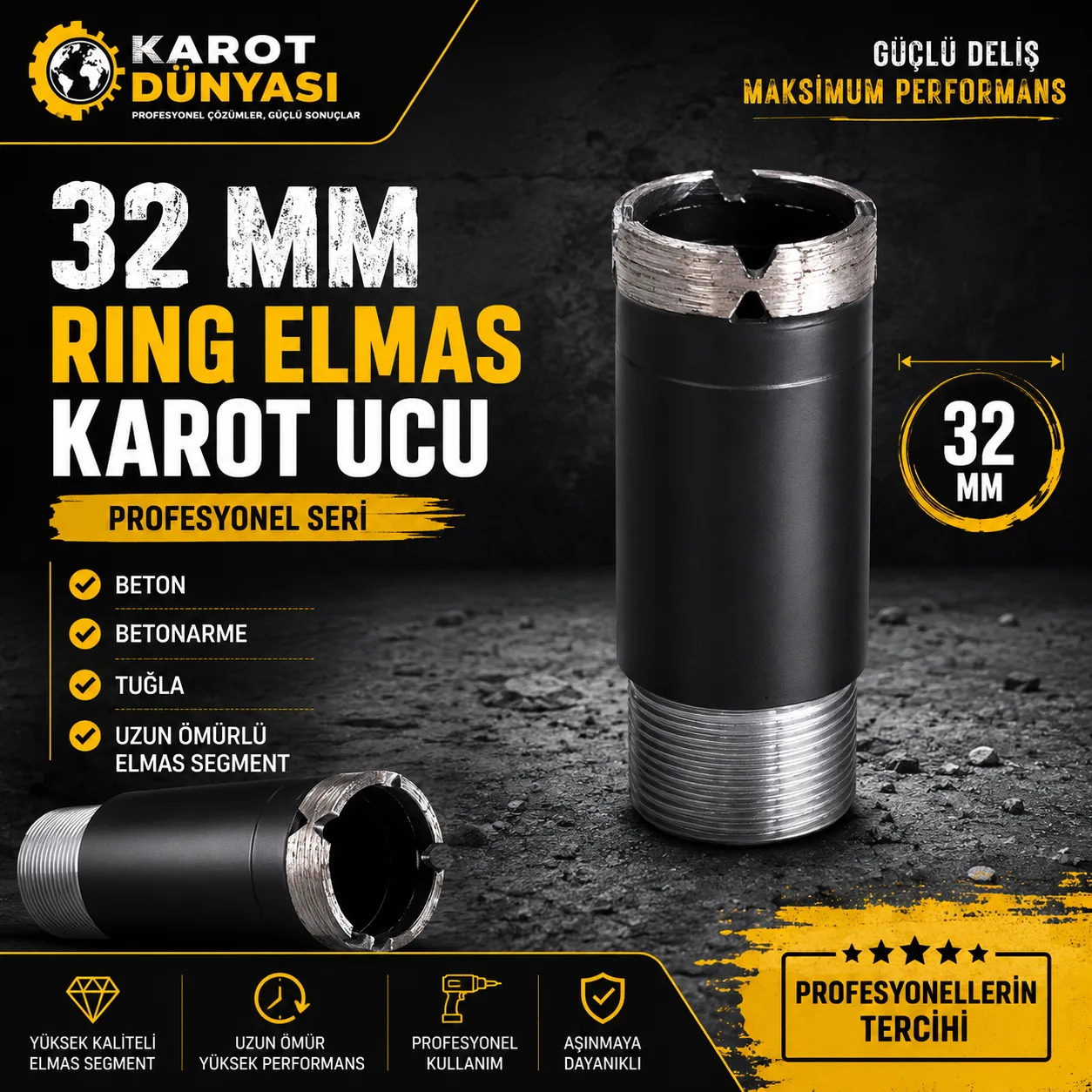 32 MM Ring Elmas Karot Ucu Profesyonel Seri
