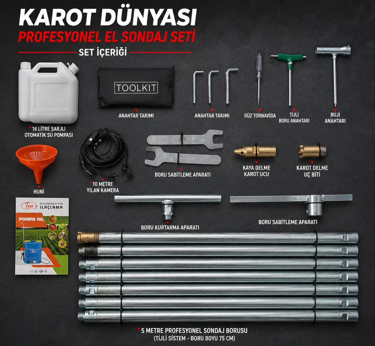 3 Hp Benzinli Karot Makinesi Seti 5 Metre Profesyonel